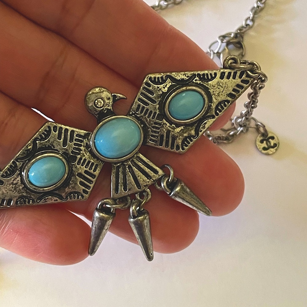Thunderbird faux turquoise silver tone necklace, vintage bird tribal necklace